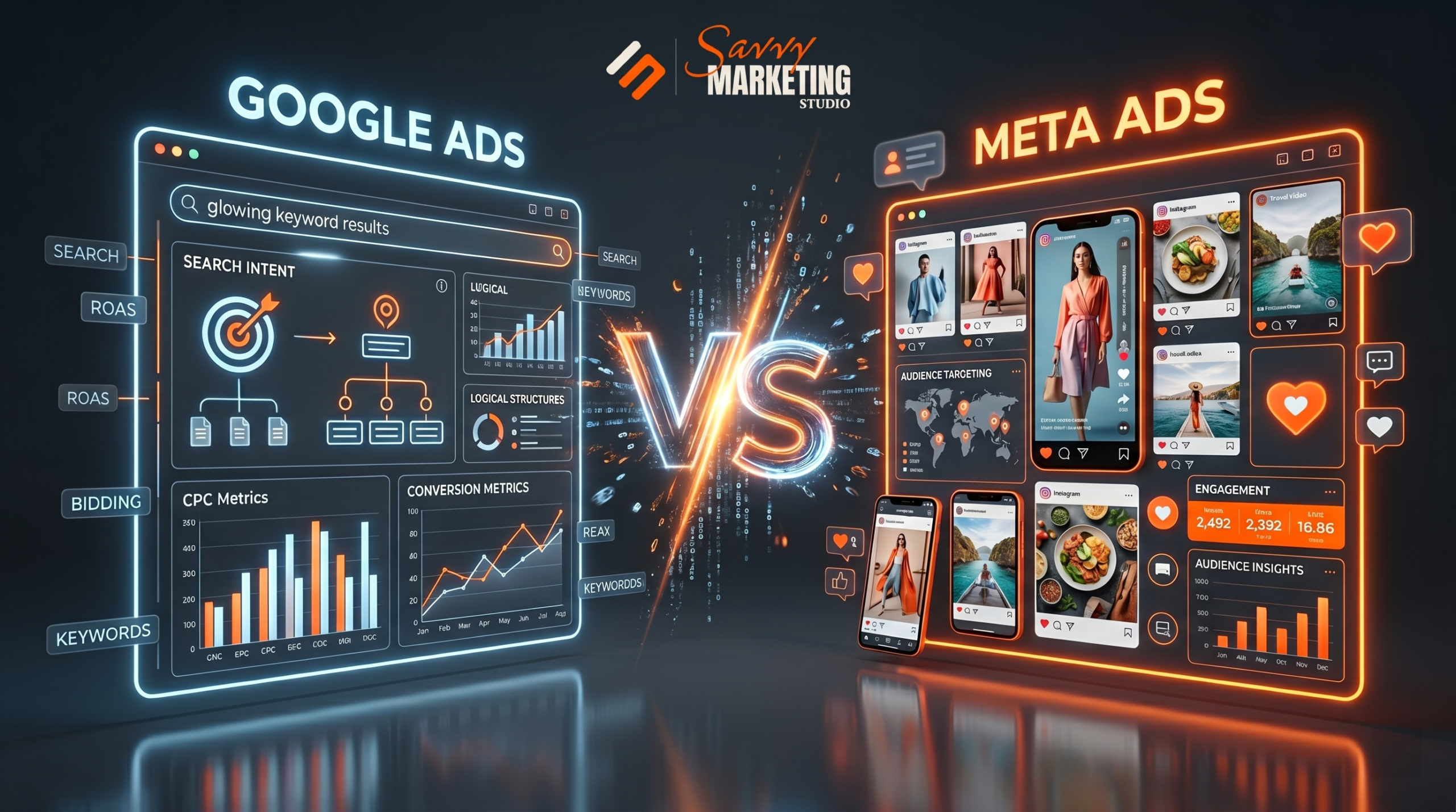 Google Ads vs Meta Ads comparison dashboard showing search advertising, social media marketing analytics, and performance marketing strategy visuals.