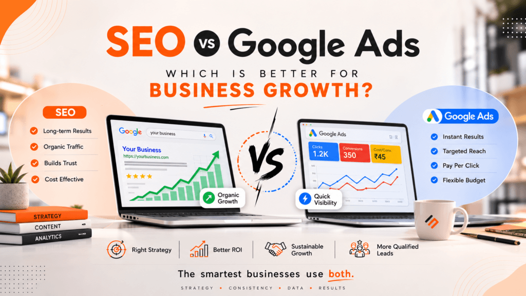 SEO vs Google Ads for small business comparison showing organic search growth and paid advertising strategy.