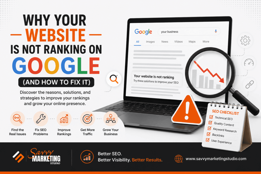 Why your website is not ranking on Google illustration showing a laptop with Google search results, SEO checklist, declining rankings graph, and technical SEO issues by Savvy Marketing Studio.